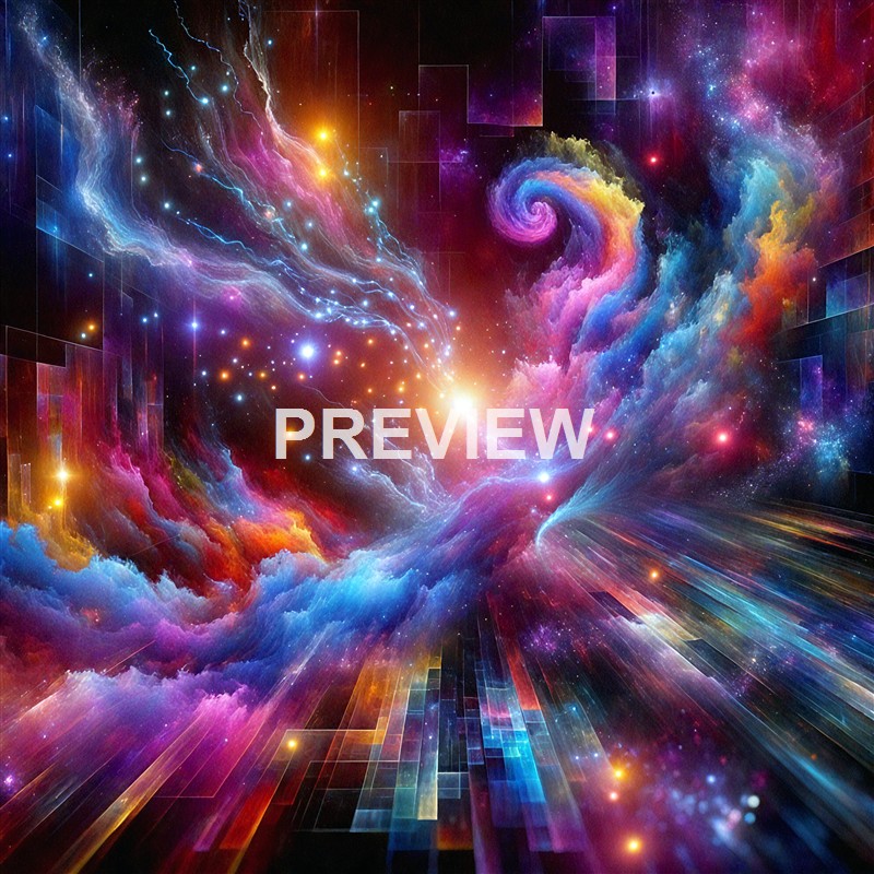 A vibrant, colorful digital artwork depicting a cosmic scene with swirling nebulae, bright stars, and abstract geometric patterns in space.